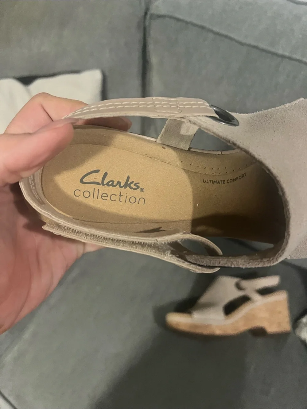 Clarks Beige Suede Open-Toe Wedge Sandal